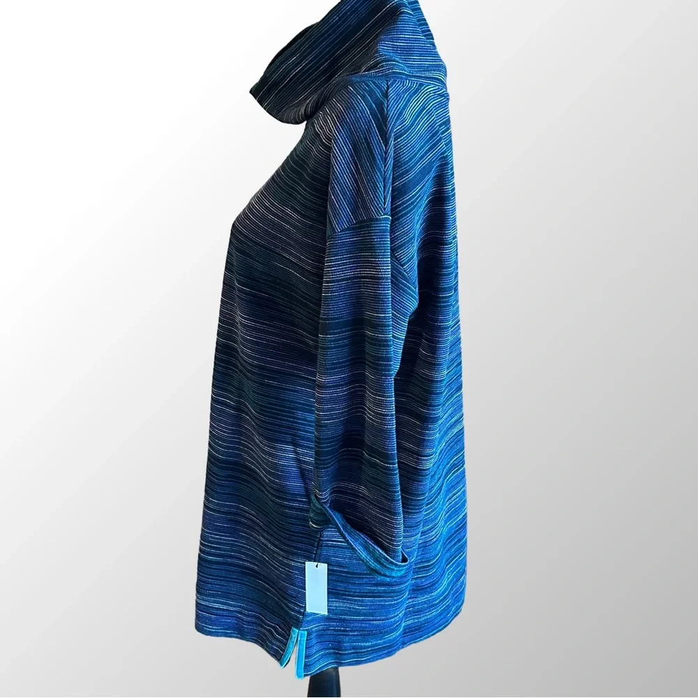 NWT T by Talbots Tunic Top in 1XP Blue Print Cowl Neck Long‎ Sleeve Textured